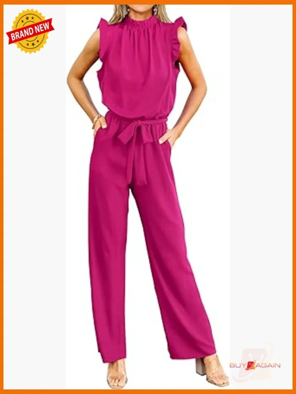 Dressy Jumpsuit with Ruffle Mock Neck, Pockets, & Belt